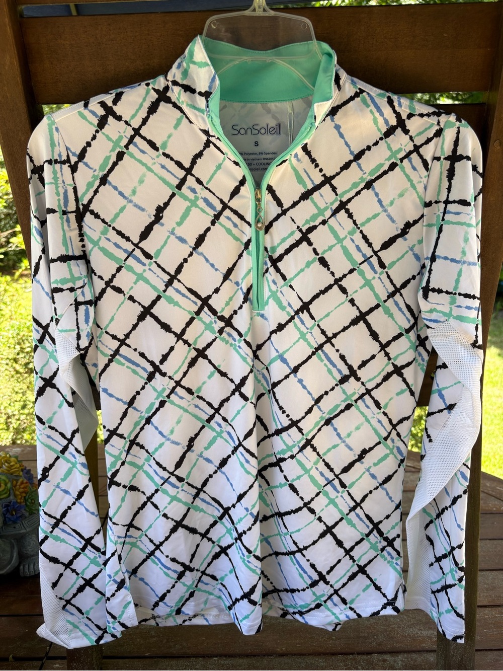 SanSoleil White Plaid Quarter-Zip Performance Top - Mint & Black